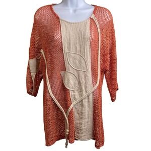 Vintage Jaskar Women's Orange Crochet Open‎ Knit Tunic Top Size M 70's Vibes